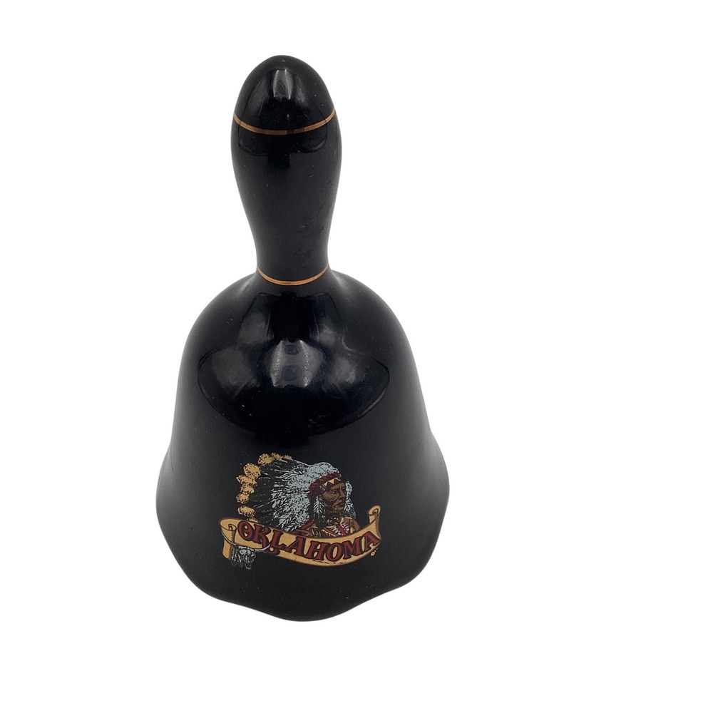 Vintage Oklahoma Souvenir Bell Black Ceramic Native American Chief Collectible